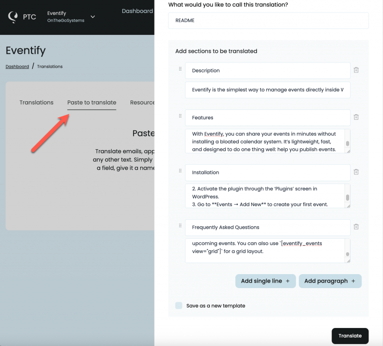 Translating additional content using PTC’s Paste to translate feature