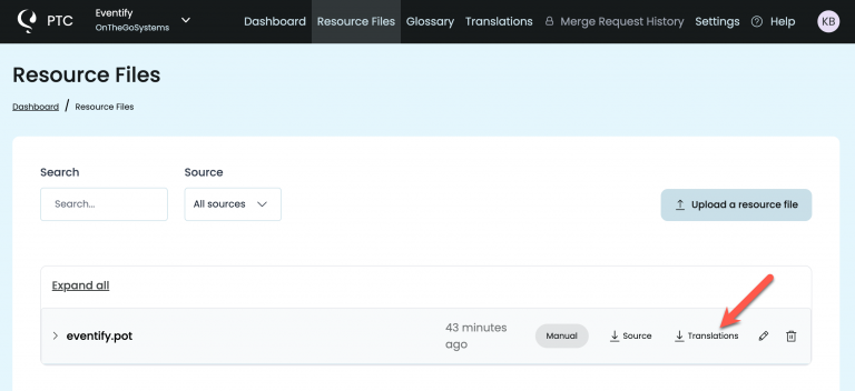 Downloading translations from the Resource Files tab in PTC