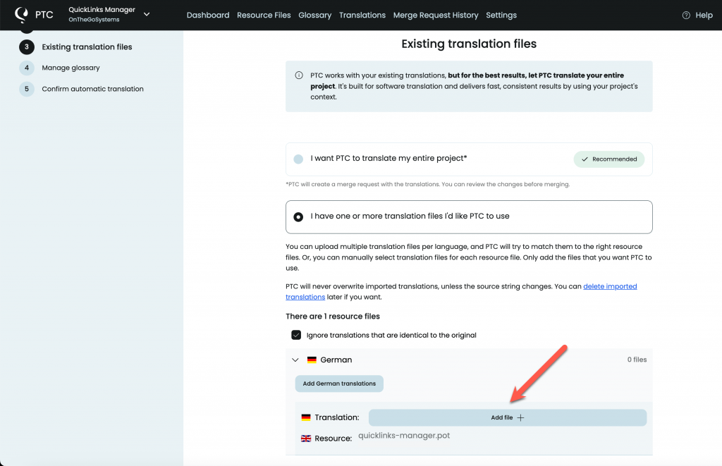 Uploading existing translation files to PTC