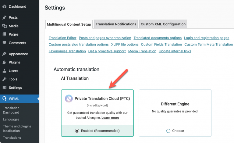 Selecting Private Translation Cloud (PTC) as the translation engine