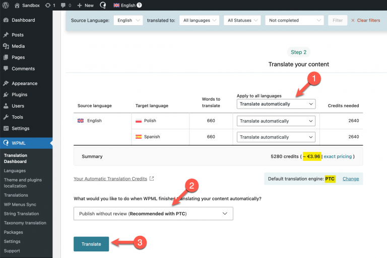 Sending content for AI translation with PTC
